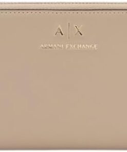 Armani Exchange Women's Jane Classic Metal Logo Card Coin Pocket Gold Zip Around Padlock Travel Accessory- Travel Wallet,Beige,One Size