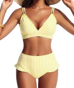 Hanna Nikole Bikini-Set für Damen, niedliche Rüschen, sexy V-Ausschnitt, Push-up-Effekt, hochgeschnittenes Höschen, doppelte Schulterträger