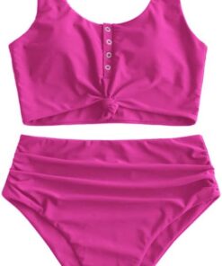 ZAFUL High Waist Bauchweg Bikini Set Kippschalter Verknotet Gepolstert Zwei Stück Gerafft Tankini Badeanzug Bademode für Damen