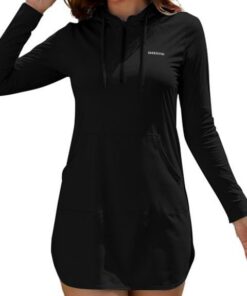 SHEKINI Damen Rashguard Shirt mit Kapuze Langarm Sonnenschutz Schnelltrocknend Badeshirt mit Taschen Surf Schwimmen Bademode Badeanzug