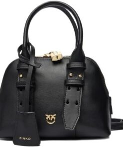 Pinko Handtasche Umhängetasche Bowling Bag Zip Mini Vitello Black - Antique Gold schwarz