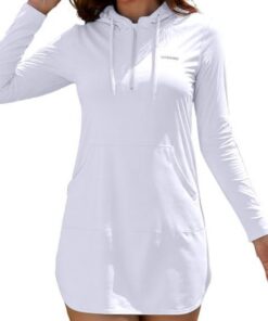 SHEKINI Damen Rashguard Shirt mit Kapuze Langarm Sonnenschutz Schnelltrocknend Badeshirt mit Taschen Surf Schwimmen Bademode Badeanzug