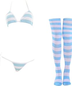 SINROYEE Sexy Dessous-Set für Damen, japanischer Anime-Bikini, Badeanzug, gestreift, mit gestreiften Oberschenkelhohen Socken