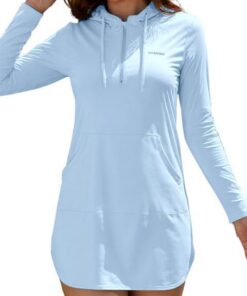 SHEKINI Damen Rashguard Shirt mit Kapuze Langarm Sonnenschutz Schnelltrocknend Badeshirt mit Taschen Surf Schwimmen Bademode Badeanzug