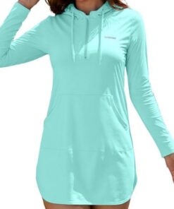 SHEKINI Damen Rashguard Shirt mit Kapuze Langarm Sonnenschutz Schnelltrocknend Badeshirt mit Taschen Surf Schwimmen Bademode Badeanzug