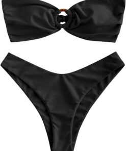 ZAFUL Damen Bikini Set mit O-Ring und Raffung hinten, hoher Schnitt, Bandeau Bikini Set, solide gepolstert, trägerlos, Zweiteiliger Badeanzug