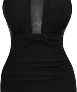 Damen Einteiliger Badeanzug High Neck Strandmode Bauchweg Bademode Push Up Mesh Mode