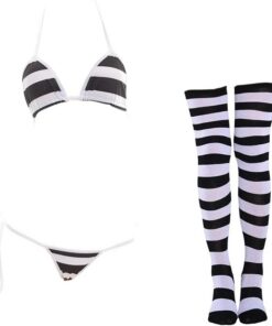SINROYEE Sexy Dessous-Set für Damen, japanischer Anime-Bikini, Badeanzug, gestreift, mit gestreiften Oberschenkelhohen Socken