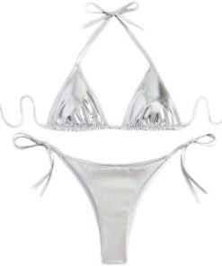 Damen Metallic Bikini Halter Top Zweiteiliger Badeanzug Krawatte Seite Dreieck Bikini mit gepolstert