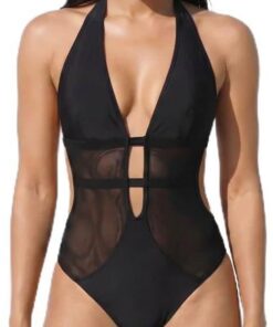 Damen Badeanzug Sexy Neckholder Monokini mit Mesh Einsätzen Tiefer V-Ausschnitt Rückenfrei One Piece Swimsuit Bauchweg Bademode Strandmode