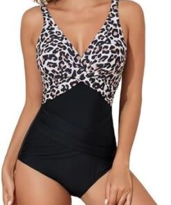Naapesi Badeanzug Damen Bauchweg Sexy V Ausschnitt Einteilige Bademode - Schwarz Leopard Muster Raffung Push Up Monokini, für Strand & Pool