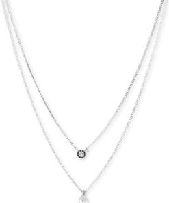 DKNY Silberfarbene zweireihige Halskette mit Doppelanhänger für Damen mit einem Kristallstein, 60483520
