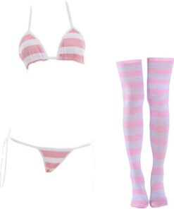 SINROYEE Sexy Dessous-Set für Damen, japanischer Anime-Bikini, Badeanzug, gestreift, mit gestreiften Oberschenkelhohen Socken