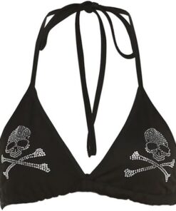 JasmyGirls Damen Totenkopf Muster Triangel Tanga Sexy 2 Stück Bikini Badeanzug Festival Rave Outfits Strass BH Top