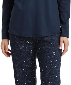 Calida Sweet Dreams Pyjama, lang Damen, aus 100% Baumwolle, Hose mit stoffbezogenem Gummibund