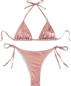 Damen Metallic Bikini Halter Top Zweiteiliger Badeanzug Krawatte Seite Dreieck Bikini mit gepolstert