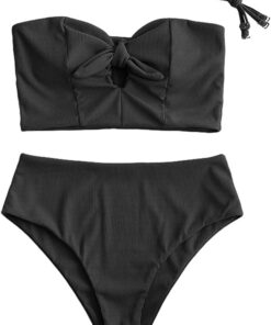 ZAFUL Women Keyhole Bandeau Tankini with Removable Straps, High Waisted Padded Bathing Suit Two Pieces Swimsuit