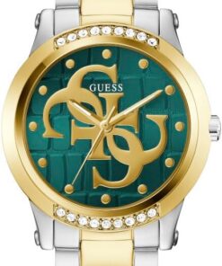 Guess Annette Damen Uhr 36 mm Edelstahl – Quarz Analog Armbanduhr Bicolor Edelstahlarmband Gold Silber, Fashion Uhr Grün mit Leuchtzeiger, 1 bar GW0861L4