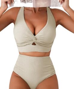 Damen Bikini Set V Ausschnitt Twist Front Bademode Push Up Bauchweg Badeanzüge High Waist Gerippte Bikini Bademode Sommer Elegant Zweiteiliger Badeanzug Swimsuit