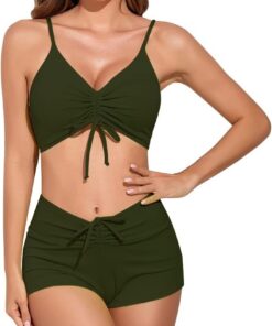 meioro Solider Badeanzug für Damen Bikini-Shorts zum Binden vorne Zweiteilige Badebekleidung Sportliche Badeanzüge Badeanzug mit hoher Taille
