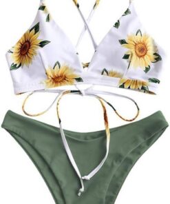 ZAFUL zweiteilig Bikini-Set, Sonnenblumenmuster Frauen drucken Push-Up gepolsterter BH Beach Bikini Set Triangle Badehose