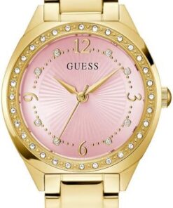 Guess Charlotte, Damen Armbanduhr, Quarz Analog, Edelstahl, 30mm, Edelstahlarmband, Gold, 3 bar, Zifferblattfarbe: Pink, GW0767L7