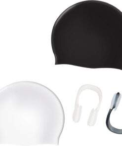 2 Stück Silikon Badekappe Damen/Herren wasserdichte Schwimmkappe | mit 2 Nasenclips, für Pool & Freizeit (Schwarz + Weiß) Verhindert Haare im Wasser