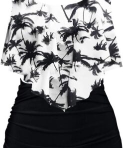 Damen Badeanzug Rüschen Zweiteilige High Waist Bikini Retro Sätze mit hoher Taille Bademode Strandkleidung