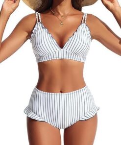 Hanna Nikole Bikini-Set für Damen, niedliche Rüschen, sexy V-Ausschnitt, Push-up-Effekt, hochgeschnittenes Höschen, doppelte Schulterträger