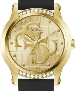 Guess Annette Damen Armbanduhr, Quarz Analog, Edelstahl, 36mm, Silikonarmband, Schwarz, 1 bar, Zifferblattfarbe: Gold, Leuchtzeiger, GW0860L1