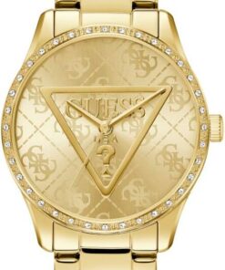 Guess Damen Armbanduhr Roxy mit Zirkonia, goldfarbenes Edelstahlarmband, Mineral Glas, goldfarbenes Ziffernblatt, 3 Bar, Gehäusedurchmesser: 36 mm, GW0987L2