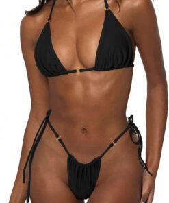 LUNNTE Damen Bikini Set Sexy Tanga String Bikini Badeanzüg Zweiteiliger Triangel mit Ring Badebekleidun Verstellbare Bademode Unterteil Seitlicher Schnürung