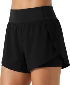 Aolso Badeshorts Damen, Sommer Boardshorts mit Taschen und Bauchkontrolle, Hohe Taille Schwimmhose,Trocknende Sportshorts für Strandurlaub, Wassersport, Freizeitaktivitäten, M/L