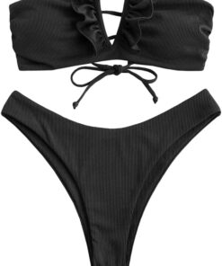 ZAFUL Damen Bandeau Schulterfrei Bikini Set Sexy Strandkleidung mit Blumenmuster Knote