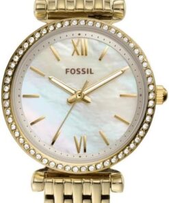 Fossil Carlie Watch für Damen, Goldfarbenes Quarz-Dreizeigerwerk mit Edelstahlarmband