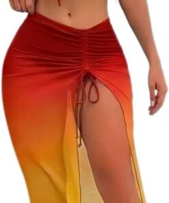 3-Teiliger Bikini mit transparenter Chiffon-Sarong-Skirt, Gradienten-Farben - Elastischer Badeanzug mit Schleifen-Detail, Sommer-Strandlook für Frauen