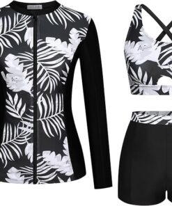 Kate Kasin Damen Bademode mit Blumenmuster 3 Teilig Rashguard Reißverschluss-Shirts Boyshort Sonnenschutz Wassersport Tankini Set zum Surfen Schwimmen
