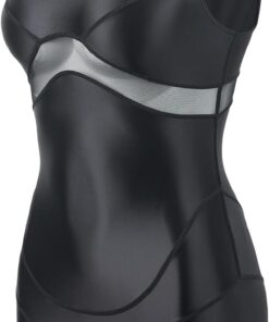 LEOHEX Damen Glänzender Bodysuit Upgrade Seidig Mockneck Mesh-Einsatz Yoga Tanz Gym Rave Badeanzug