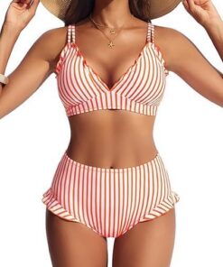 Hanna Nikole Bikini-Set für Damen, niedliche Rüschen, sexy V-Ausschnitt, Push-up-Effekt, hochgeschnittenes Höschen, doppelte Schulterträger