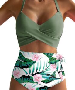 Dokotoo Damen Bikini Set Wickeloptik V Ausschnitt Bademode Blumenmuster High Waist Zweiteiliger Badeanzug Swimsuit