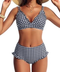 Hanna Nikole Bikini-Set für Damen, niedliche Rüschen, sexy V-Ausschnitt, Push-up-Effekt, hochgeschnittenes Höschen, doppelte Schulterträger