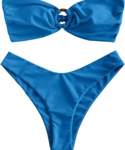 ZAFUL Damen Bikini Set mit O-Ring und Raffung hinten, hoher Schnitt, Bandeau Bikini Set, solide gepolstert, trägerlos, Zweiteiliger Badeanzug