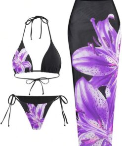ZAFUL 3pcs Damen Bikini Sets Tropische Blumen Halter Triangle Bikinioberteil Tie-Seite Bikinihose Badeanzug mit Lange Sheer Sarong Strandkleider