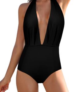SHEKINI Damen Einteiliger Badeanzug Rückenfrei Monokini Bademode Verstellbar Neckholder Tiefen V Ausschnitt Strandmode