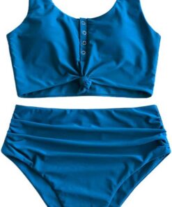 ZAFUL High Waist Bauchweg Bikini Set Kippschalter Verknotet Gepolstert Zwei Stück Gerafft Tankini Badeanzug Bademode für Damen