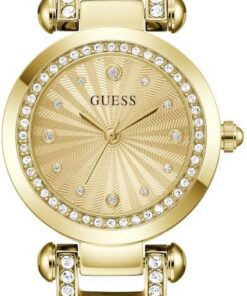 Guess Damen Armbanduhr GB Ginger mit Zirkonia, goldfarbenes Edelstahlarmband, Mineral Glas, goldfarbenes Ziffernblatt, 3 Bar, Gehäusedurchmesser: 30 mm, GW0869L4