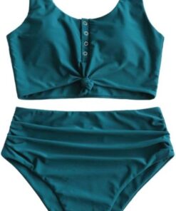 ZAFUL High Waist Bauchweg Bikini Set Kippschalter Verknotet Gepolstert Zwei Stück Gerafft Tankini Badeanzug Bademode für Damen