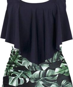 Damen Badeanzug Rüschen Zweiteilige High Waist Bikini Retro Sätze mit hoher Taille Bademode Strandkleidung