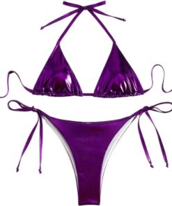 Damen Metallic Bikini Halter Top Zweiteiliger Badeanzug Krawatte Seite Dreieck Bikini mit gepolstert