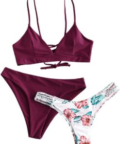ZAFUL Damen Zweiteilig Bikini-Set mit verstellbarem BH Push-Up Rücken, Triangle Bustle Badehose mit Blummenmuster
